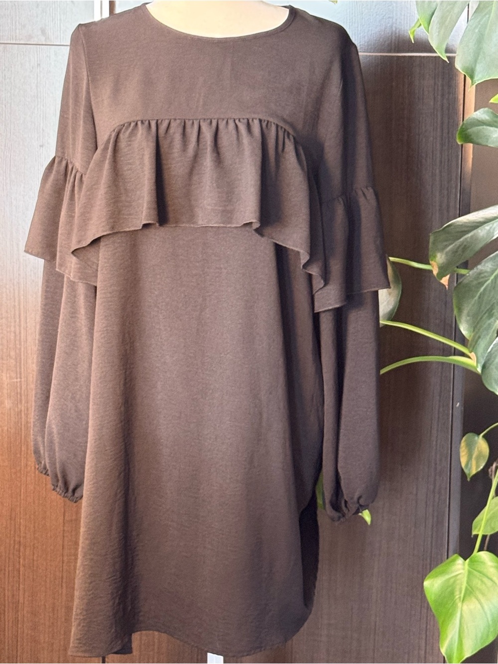 SHEIN Brown Ruffle Yoke Midi Dress